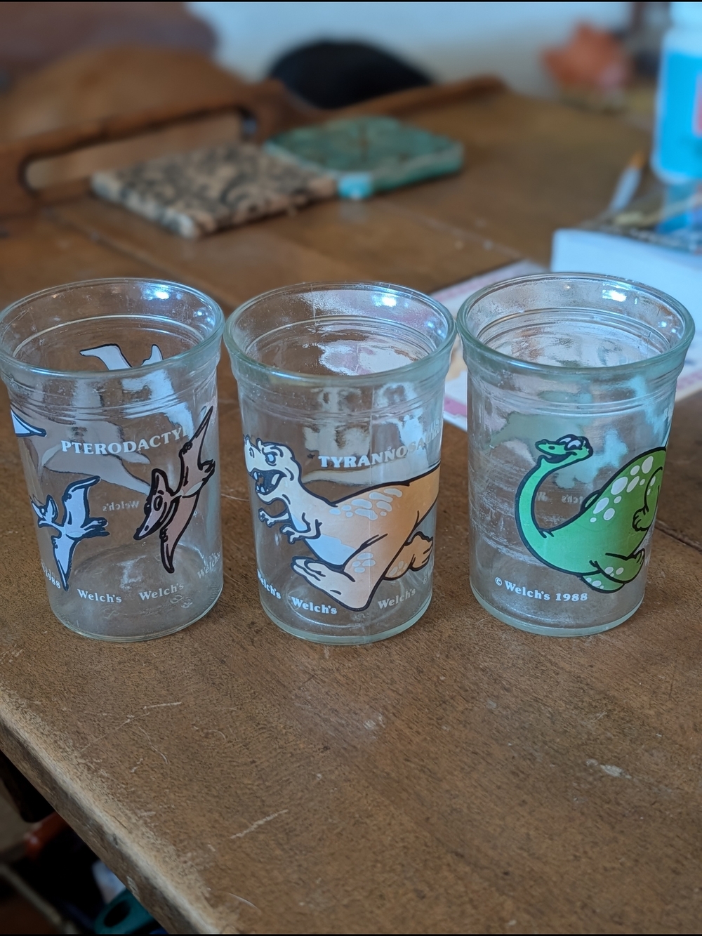 Welch's Vintage Dinosaur Drinking Glass - Green, Blue & Tan Set